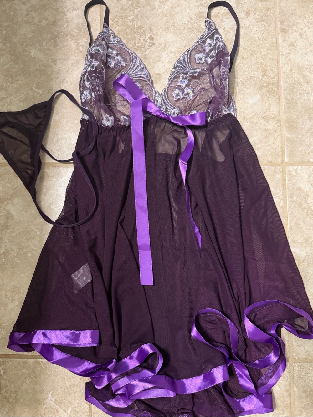 Sheer Lace Babydoll Nightdress with Satin Trim - Purple set